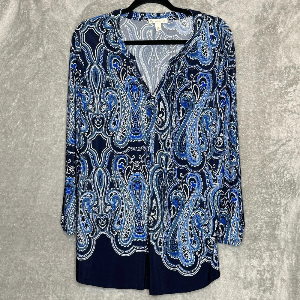 Dressbarn XL Shirt Top Blue Paisley Ruched 3/4 Sleeve V Neck Stretch Womens‎